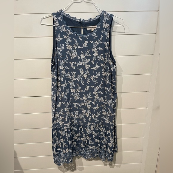 LOFT Antique Blue & White Floral Bird Print Eyelet Trim Dress - L - NWT - Picture 2 of 7